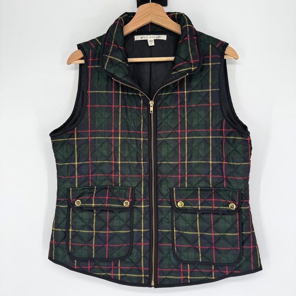 Max Studio Quilted Vest Womens L‎ Green Plaid Zip Up Pockets Heritage Old Money